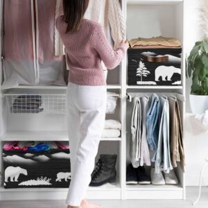 Bear Black Cube Storage Organizer Bins with Handles 2 Packs 15x11x9.5 Inch Collapsible Canvas Cloth Fabric Storage Basket for Shelves,Closet Forest Animal Tree Birds Abstract Mountain White