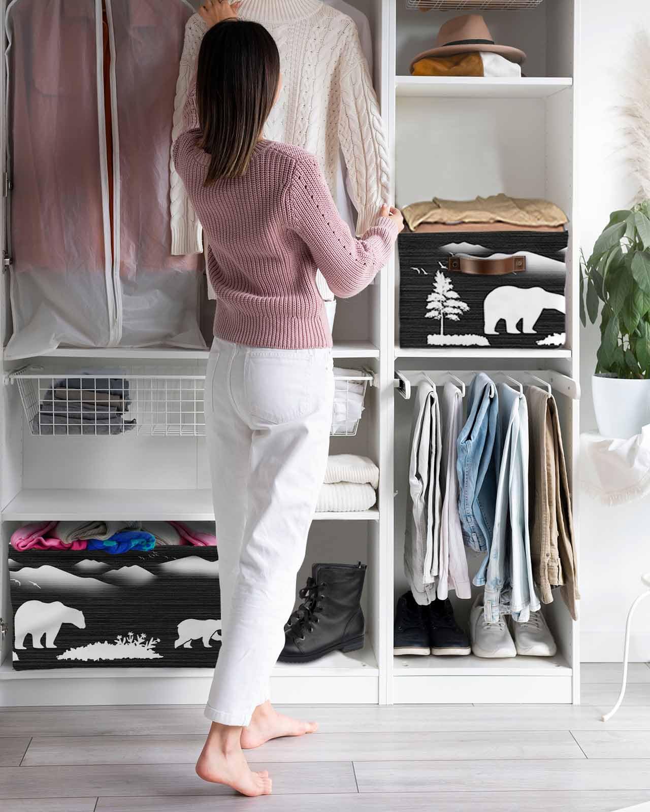 Bear Black Cube Storage Organizer Bins with Handles 2 Packs 15x11x9.5 Inch Collapsible Canvas Cloth Fabric Storage Basket for Shelves,Closet Forest Animal Tree Birds Abstract Mountain White