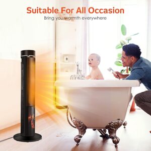 TRUSTECH 36" Tower Space Heater for Large Room, 1500W PTC Electric Heater with Adjustable Thermostat, 3D Flame, 12H Timer, Tower Heater for Indoor Use