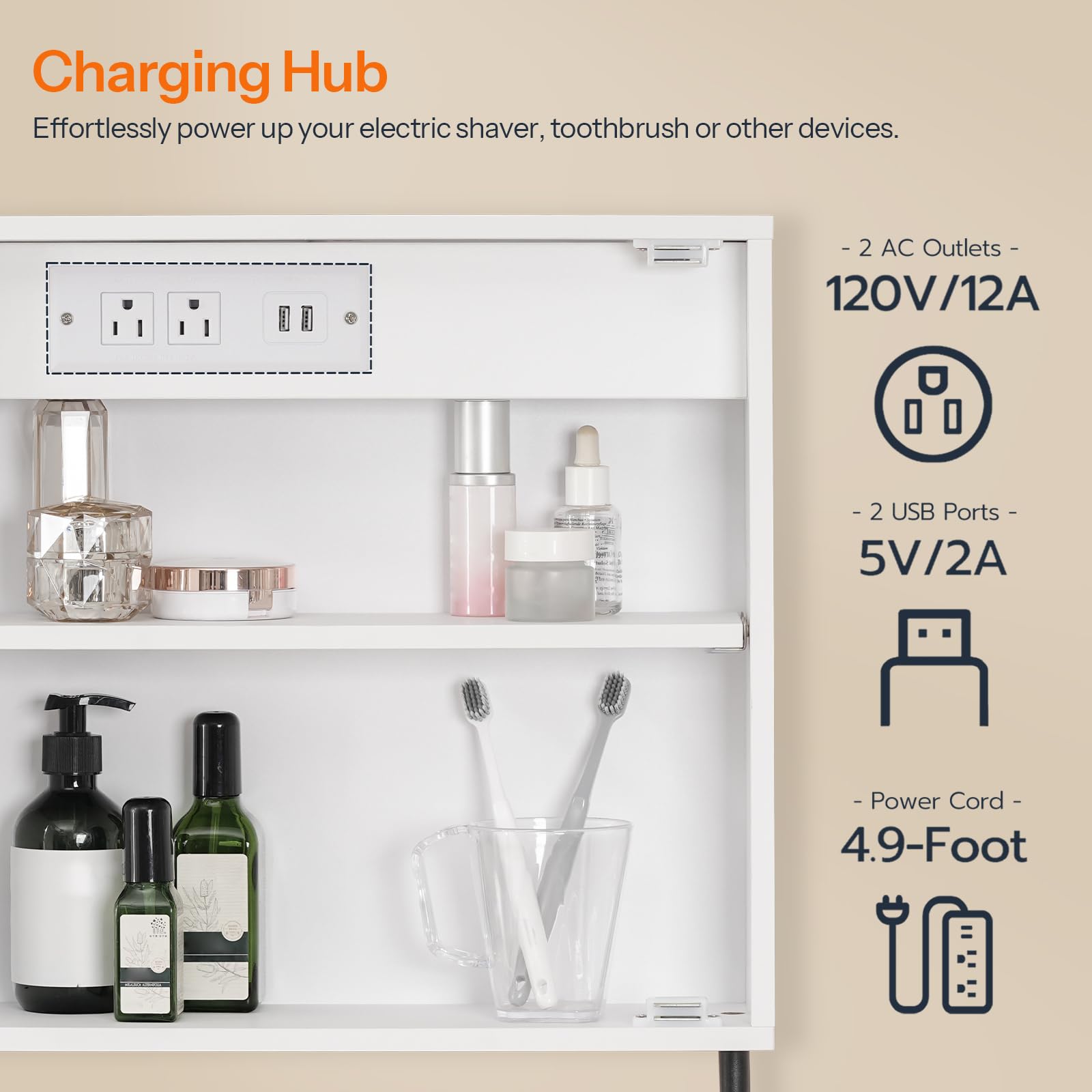 HOOBRO Bathroom Medicine Cabinet with Mirror and Lights, Wall-Mounted Cabinet with Storage, Lighted Medicine Cabinet with LED Lights, Adjustable Shelf, Charging Station, 2 Power Outlets, White