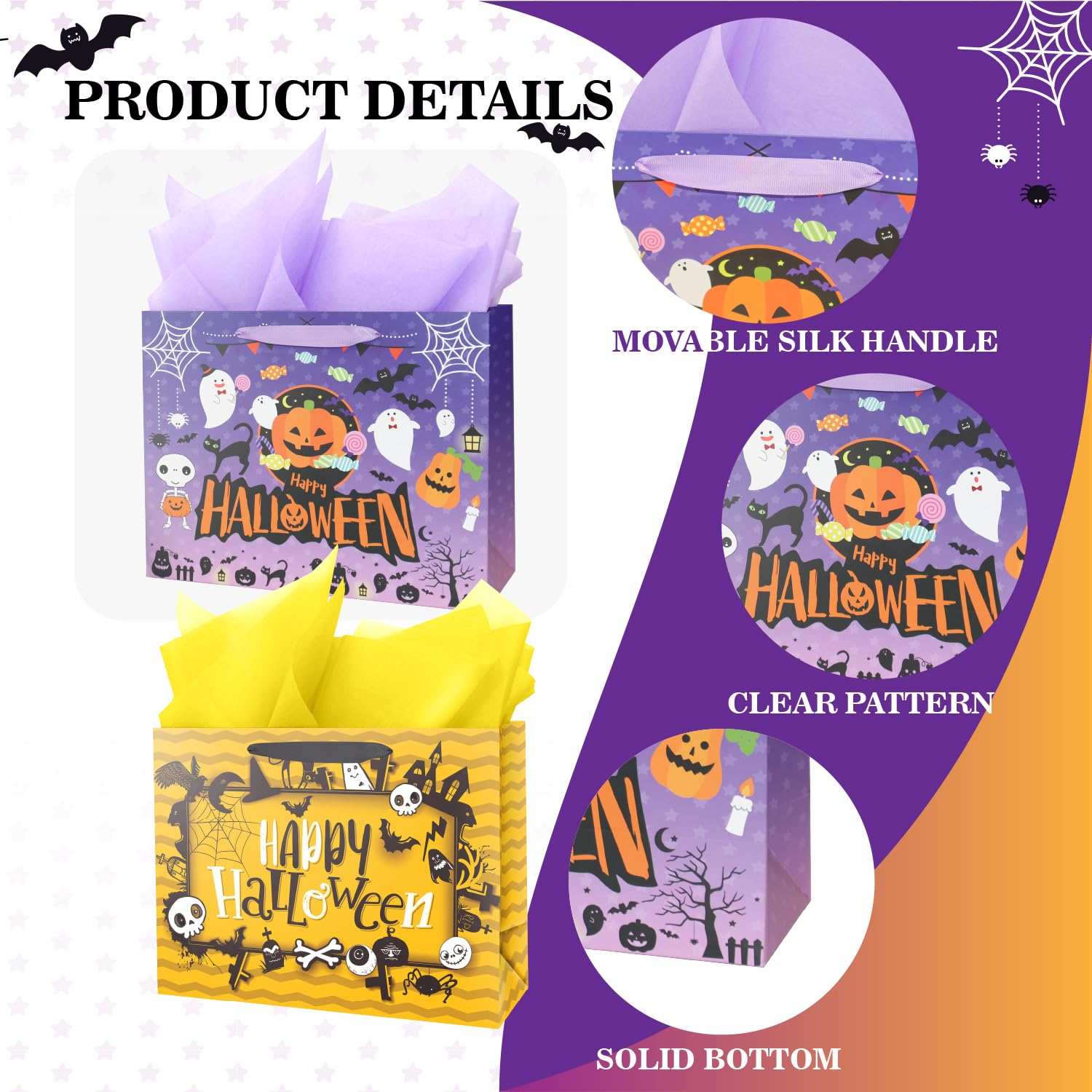 Ranfashiong 13" Halloween Large Gift Bag with Card and Tissue Paper Pumpkin Design Trick or Treat Party - Purple yellow 2Pcs