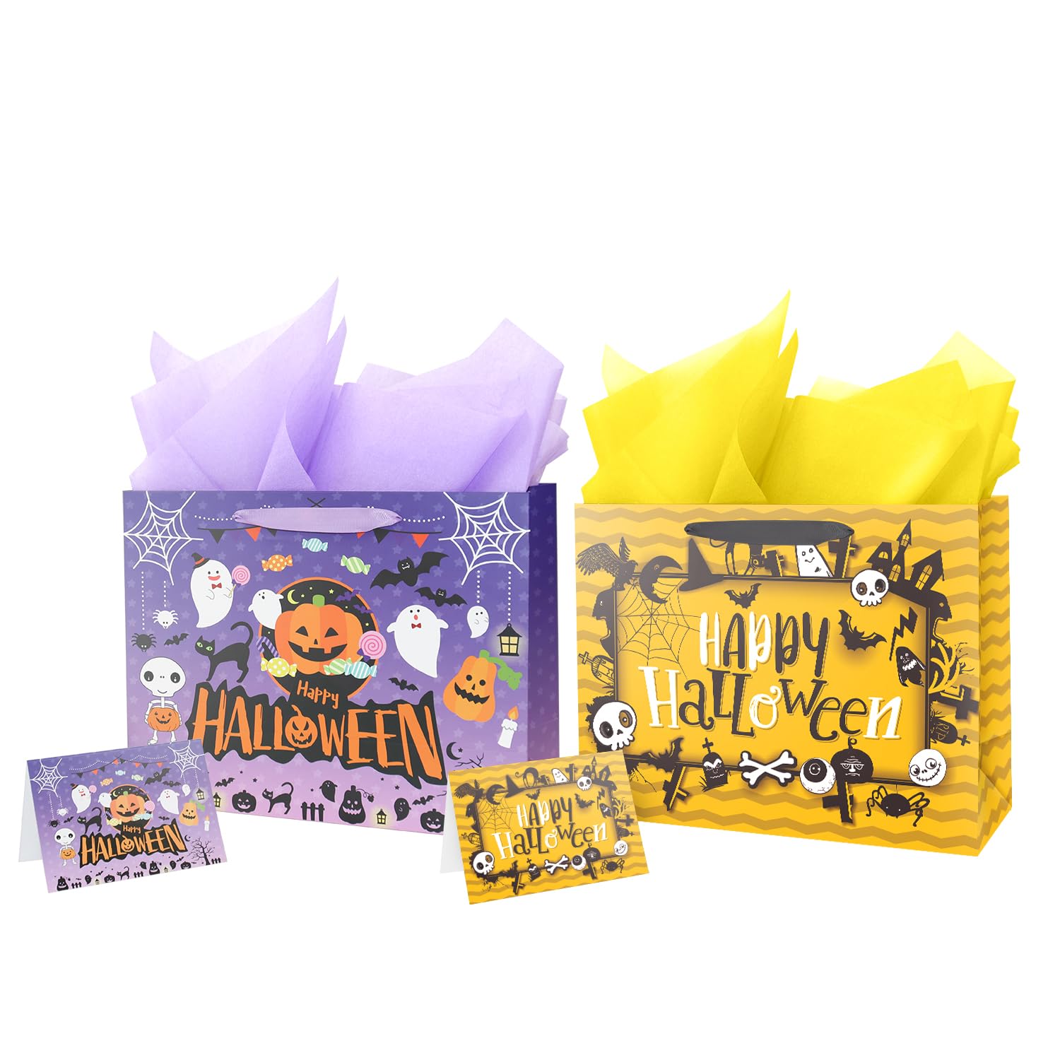 Ranfashiong 13" Halloween Large Gift Bag with Card and Tissue Paper Pumpkin Design Trick or Treat Party - Purple yellow 2Pcs