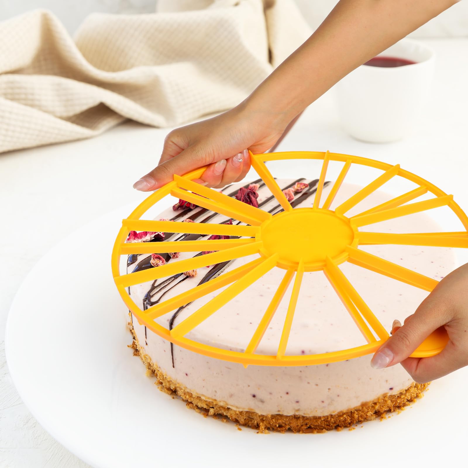 Liobelon Cake Portion Cutter Cake Divider Cheesecake Slicer Cake Slicer for Even Slices Double Sided Cake Portion Marker 10 or 12 Slices,Yellow