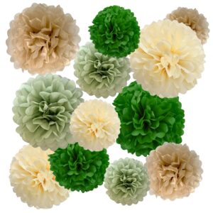 zooyoo green cream paper pom poms, white green party decoration, sage white tissue paper pom poms decorations for engagement party bachelorette bridal shower birthday anniversary 12pcs