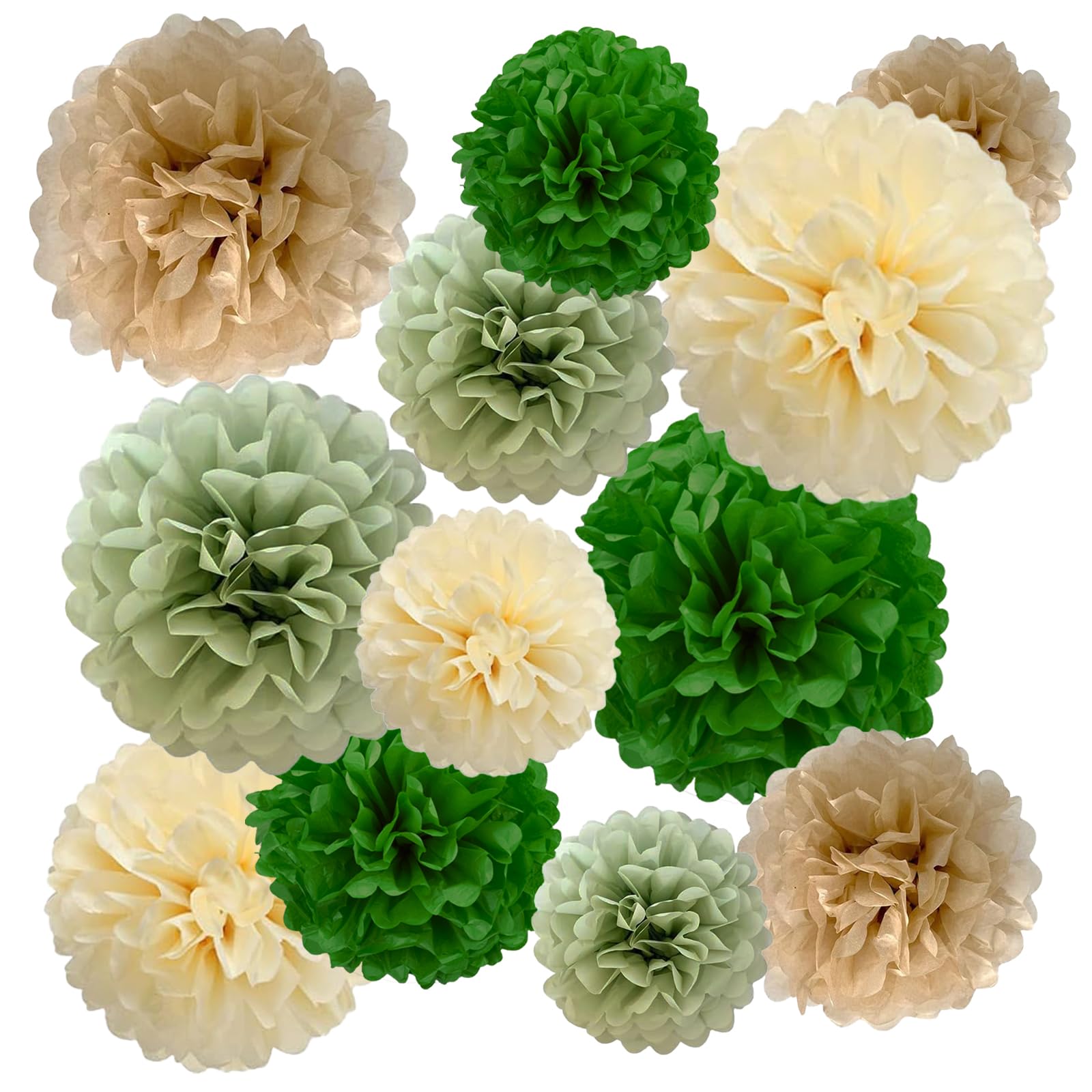 ZOOYOO Green Cream Paper Pom Poms, White Green Party Decoration, Sage White Tissue Paper Pom Poms Decorations for Engagement Party Bachelorette Bridal Shower Birthday Anniversary 12PCS