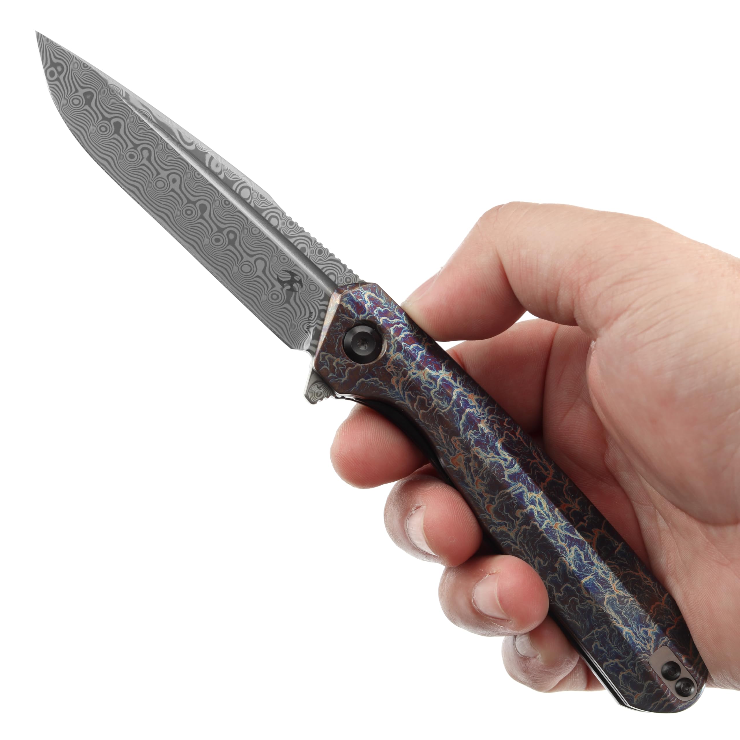 KANSEPT Qilin Pocket Folding Knives for Men EDC Camping Knife 3.24'' Damascus Blade with Titanium with Lightning Strike Finish Handle K1047A3