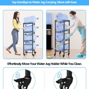 5 Gallon Water Jug Holder, Moveable 4 Tier Heavy Duty Water Rack with 4 Wheels, Rack for Water Jug Storage, Space Saving Water Stand for Four 5 Gallon Water Jugs, Black