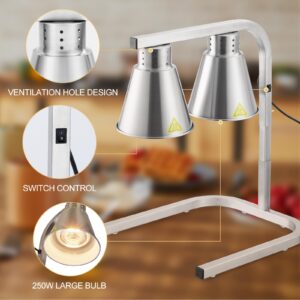 Commercial Food Heat Lamp, 2 Bulbs Food Warming Light, Portable Electric Food Warmer with Free-Standing, Stainless Steel Catering Food Warming Lamp for Restaurant Kitchen Cafeteria