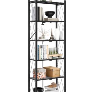 ALANNG 73.6 Inch Folding Bookshelf, 6 Tier Metal Bookcase and Bookshelves, Tall Shelves for Living Room Office Bedroom, Heavy Duty Book Shelve Free Standing Open Bookshelve (Black, 2PACK)