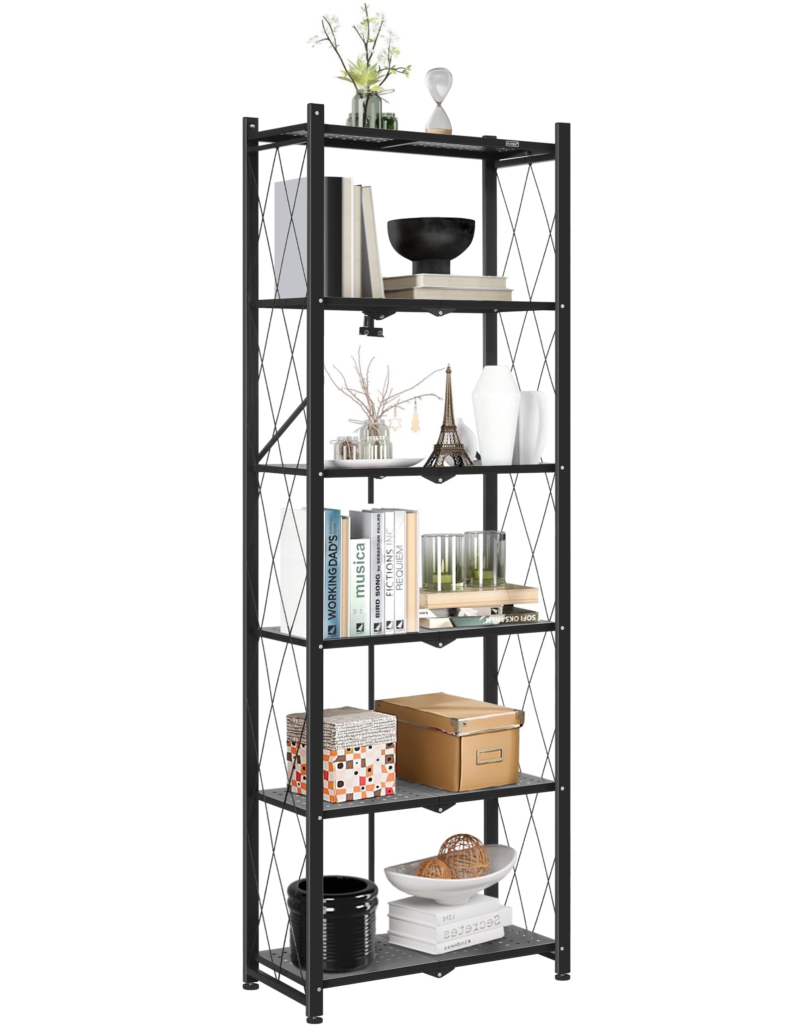 ALANNG 73.6 Inch Folding Bookshelf, 6 Tier Metal Bookcase and Bookshelves, Tall Shelves for Living Room Office Bedroom, Heavy Duty Book Shelve Free Standing Open Bookshelve (Black, 2PACK)