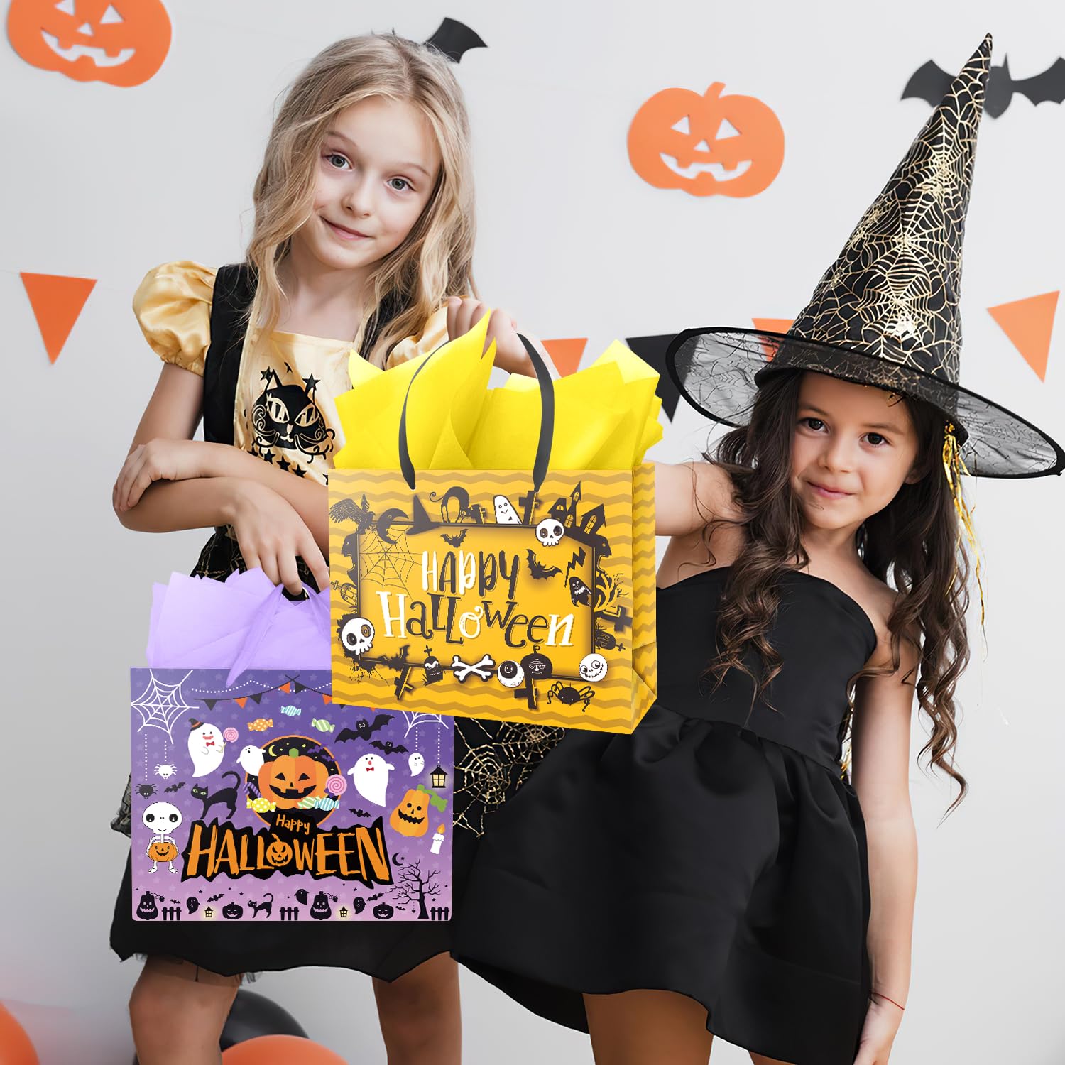 Ranfashiong 13" Halloween Large Gift Bag with Card and Tissue Paper Pumpkin Design Trick or Treat Party - Purple yellow 2Pcs