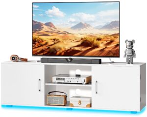 huuger tv stand for 55 inch tv, entertainment center with led lights, 2 cabinets, tv console media cabinet with 6 cable holes, white tv stand for living room, bedroom