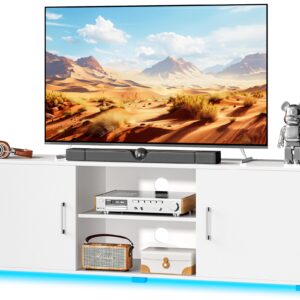 Huuger TV Stand for 55 Inch TV, Entertainment Center with LED Lights, 2 Cabinets, TV Console Media Cabinet with 6 Cable Holes, White TV Stand for Living Room, Bedroom