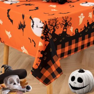 MikiUp Halloween Tablecloth, Castle Ghost Decorative Rectangle Table Cloth, Holiday Fabric Table Cover for Party Picnic Dinner Decor, Orange 60 x 84 Inch