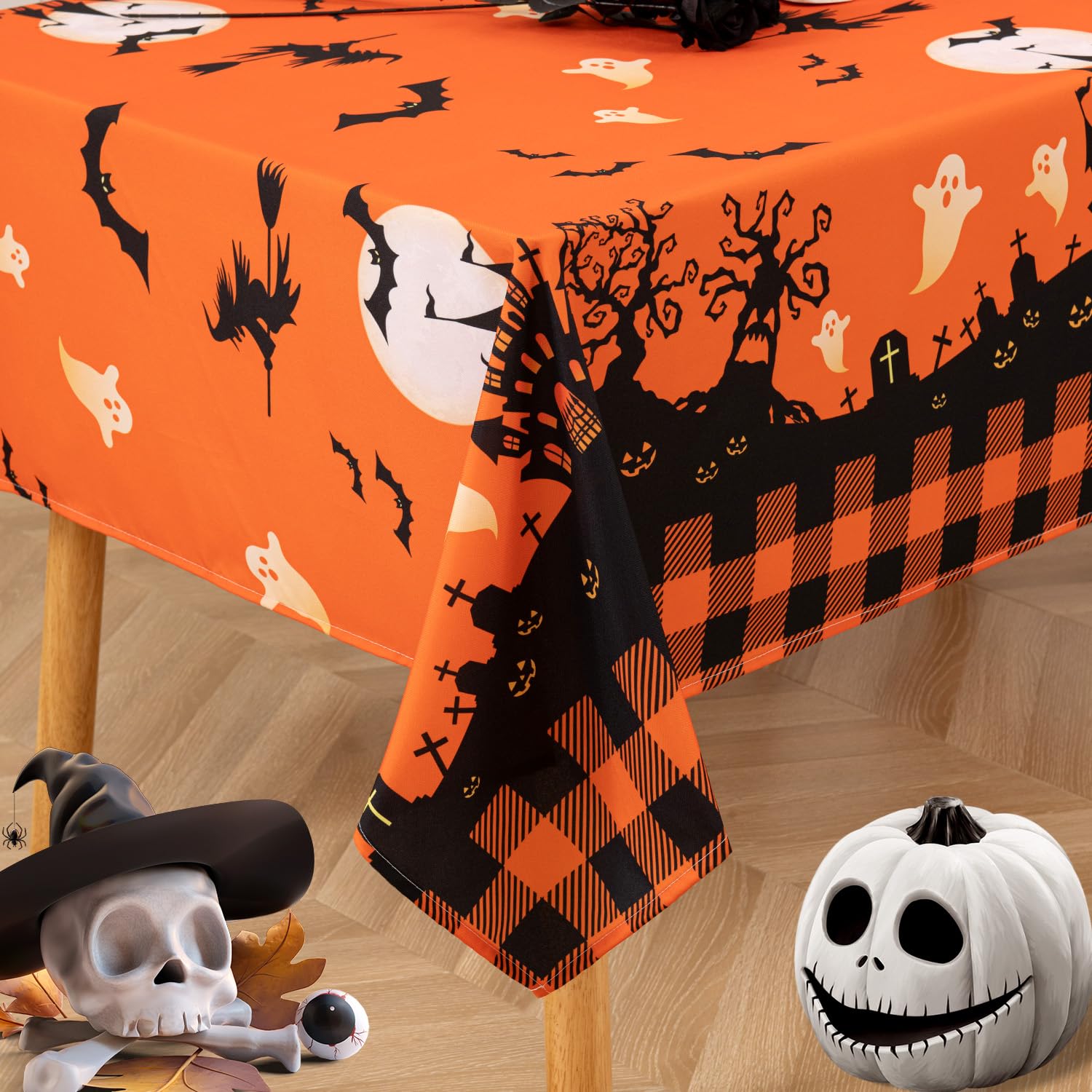 MikiUp Halloween Tablecloth, Castle Ghost Decorative Rectangle Table Cloth, Holiday Fabric Table Cover for Party Picnic Dinner Decor, Orange 60 x 84 Inch