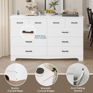 DICTAC White Dresser for Bedroom with 10 Drawers, Large Chest of Drawers Storage Organizer, Long Dresser TV Stand with Power Outlets, Wide Dresser for Bedroom, Living Room 55.1" W x 32.3" H x 15.8" D