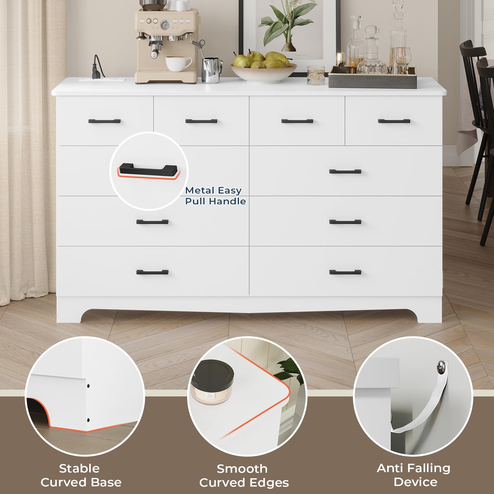 DICTAC White Dresser for Bedroom with 10 Drawers, Large Chest of Drawers Storage Organizer, Long Dresser TV Stand with Power Outlets, Wide Dresser for Bedroom, Living Room 55.1" W x 32.3" H x 15.8" D