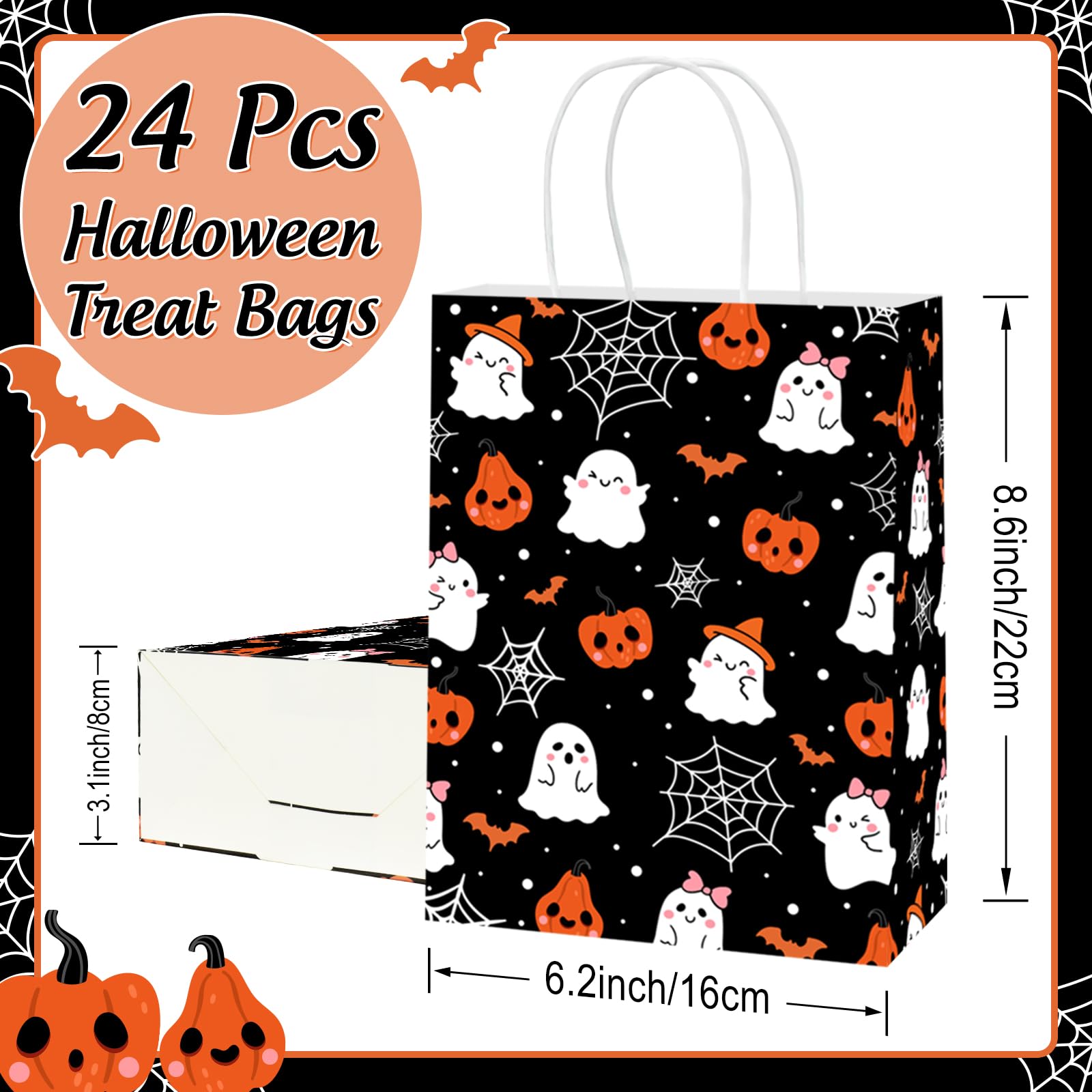 Lecheme Halloween Treat Bags 24 PCS Pumpkin Ghost Halloween Candy Bags Cute Halloween Bags with Handles Halloween Paper Treat Bags for Candy Trick or Treat Party Supplies