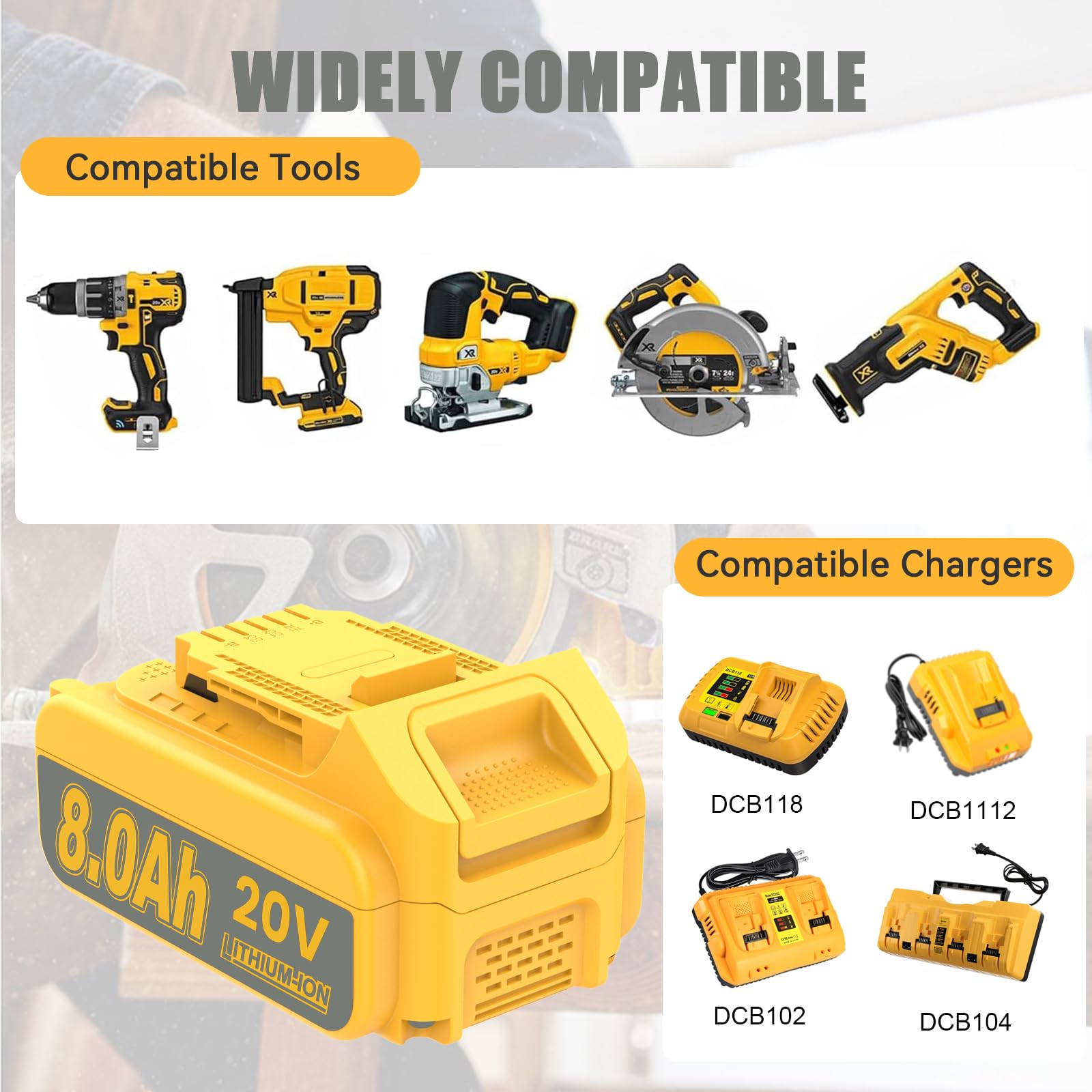 JUNWOOD 2Pack 8.0Ah MAX Lithium Replacement for Dewalt 20V Battery with 20 Volt Dual Port Battery Charger DCB200 DCB201 DCB204 DCB206 DCB207 DCD/DCF/DCG XR Series