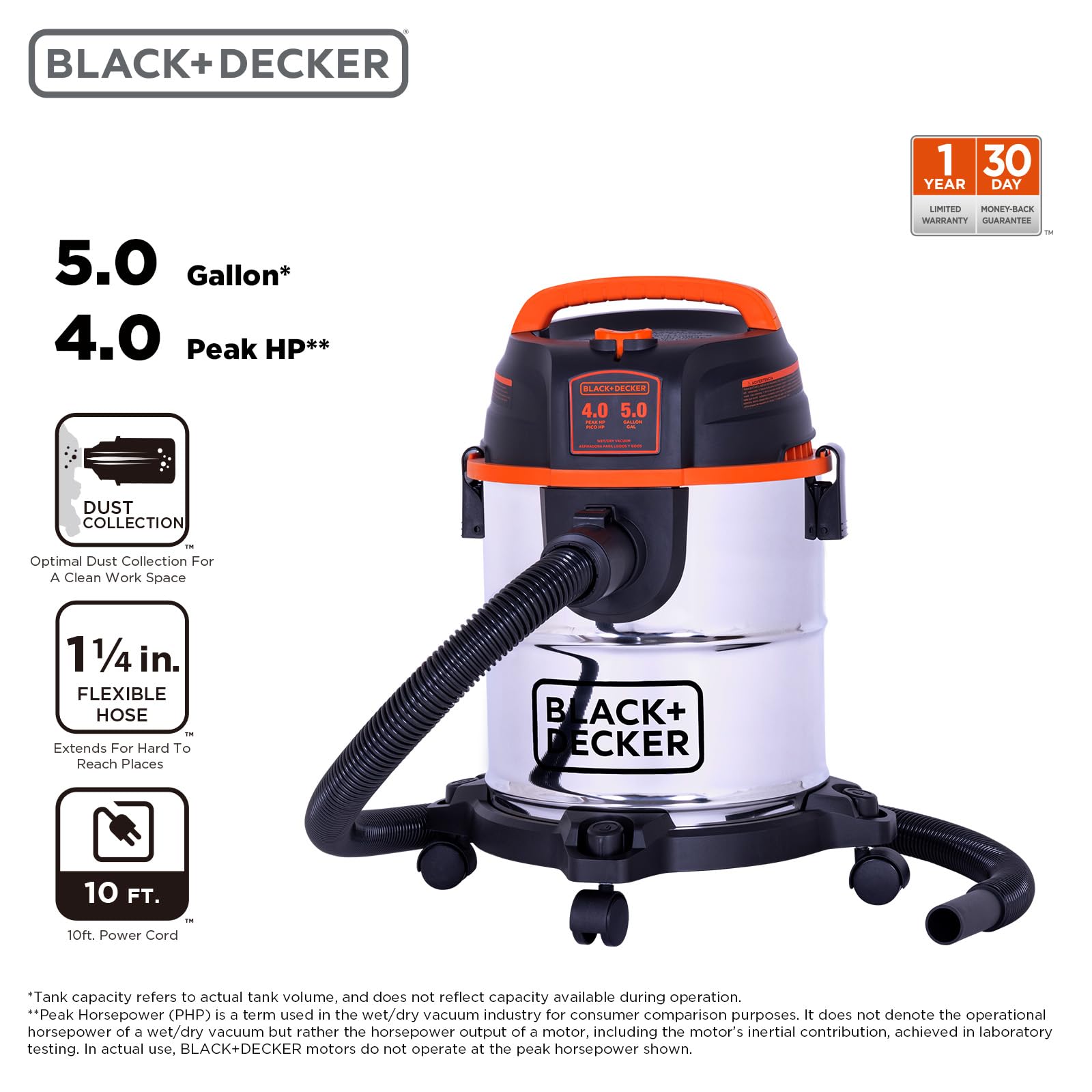 BLACK+DECKER Shop Vacuum Wet and Dry, Stainless Steel Shop Vac with Attachments, Blower Function, 5 Gallon 4.0 Peak HP, 3-in-1, for Home, Car, Workshop and Jobsite, BDXV18143