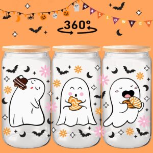 KIKUHE Halloween Ghost Iced Coffee Glass Cups, 16oz Cute Floral Ghost Glass Cups with Lids and Straws, Halloween Gifts, Cute Spooky Gifts for Her, Spooky Halloween Tumbler Mug for Women Girls Kids