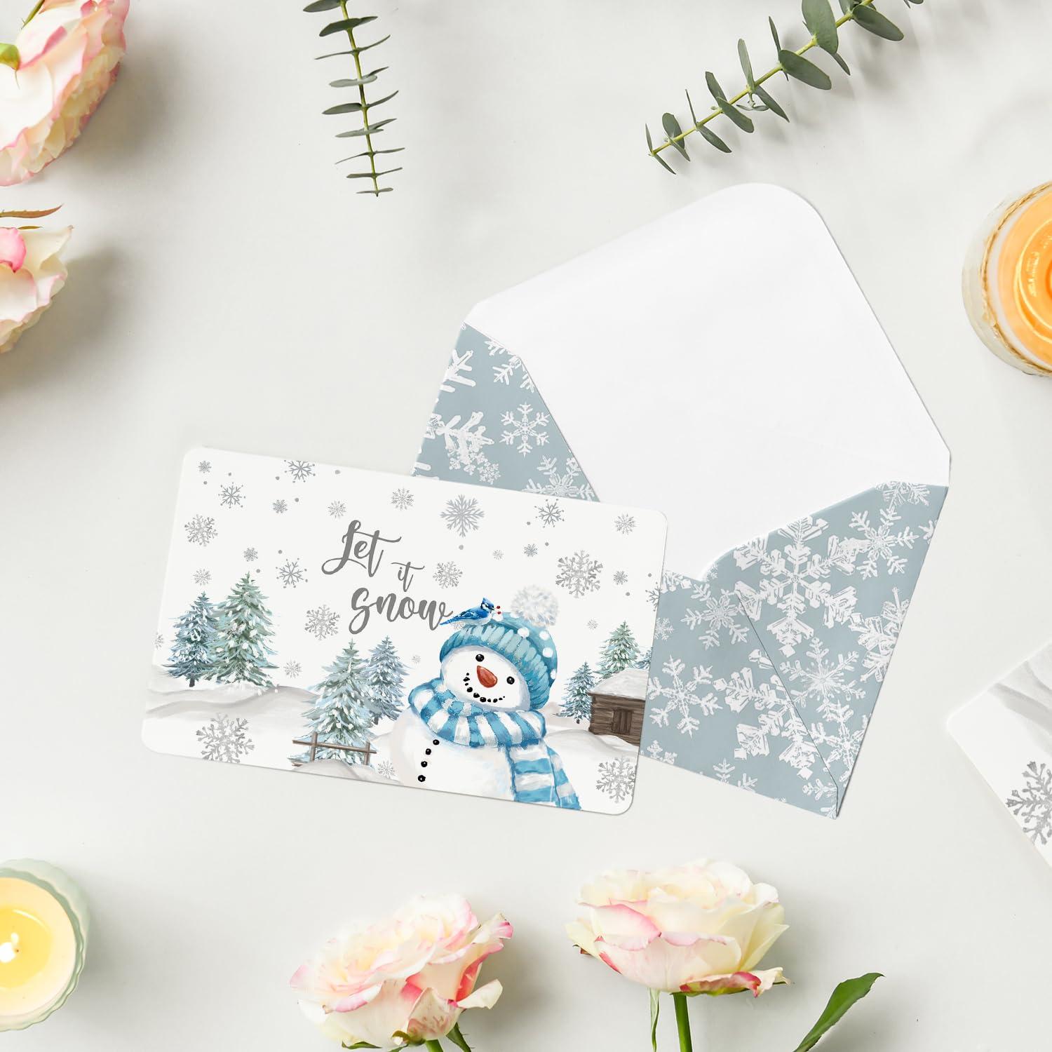 Artoid Mode 24 Pack Let It Snow Thank You Cards Snowflake Snowman Xmas Tree Greeting Cards Gift With Envelope Sticker Blank Note Cards for Birthday Wedding Baby Shower Bridal Shower, 4 x 6 Inch