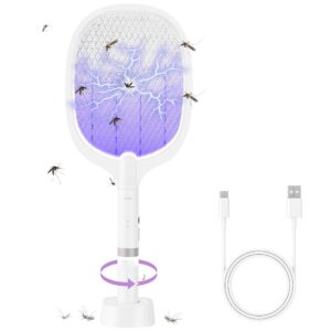 electric fly swatter rechargeable 4000v high-volt bug zapper racket, 2-in-1 detachable bug swatter mosquito killer with purple light & 3-layer safety nets portable fly zapper for indoor outdoor