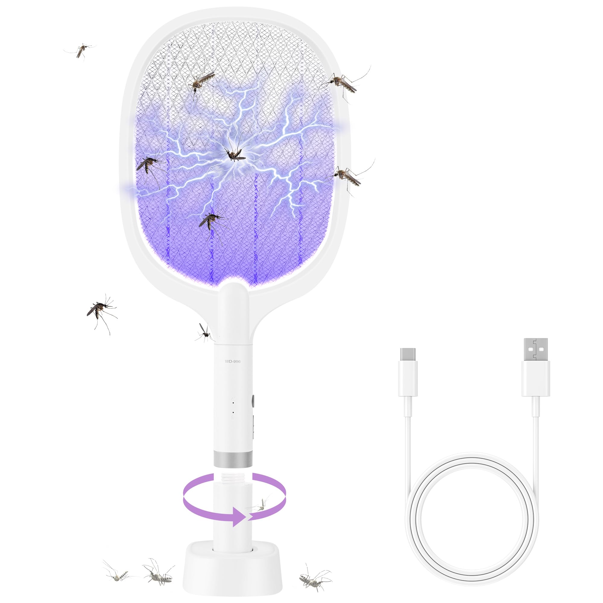 Electric Fly Swatter Rechargeable 4000V High-Volt Bug Zapper Racket, 2-in-1 Detachable Bug Swatter Mosquito Killer with Purple Light & 3-Layer Safety Nets Portable Fly Zapper for Indoor Outdoor