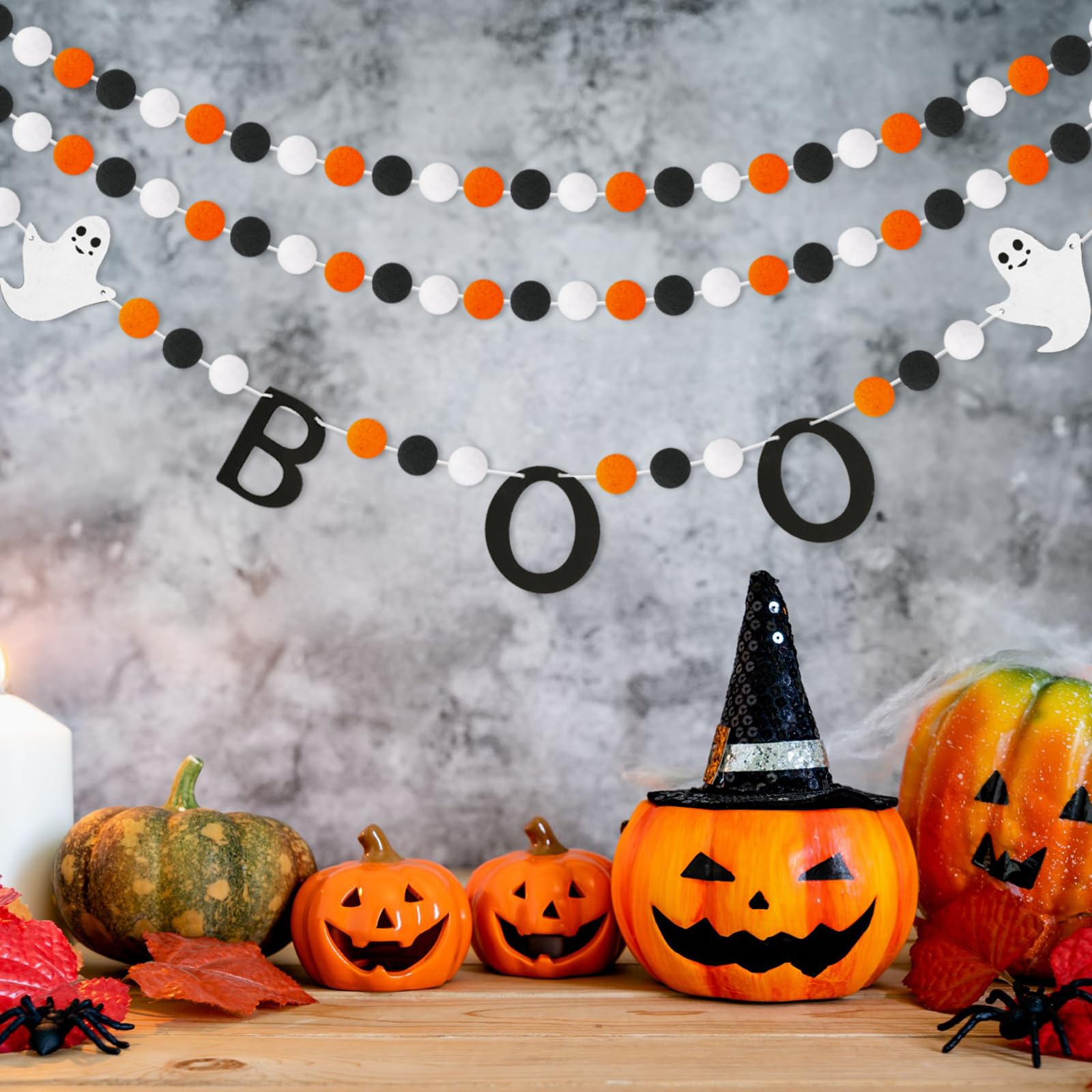 GCQQ Halloween Felt Garland, Boo Felt Garland, Prestrung Ghost Garland with Pompom Balls, Black White Orange Felt Garland, Halloween Garlands for Mantle, Fireplace, Indoor or Outdoor Decoration