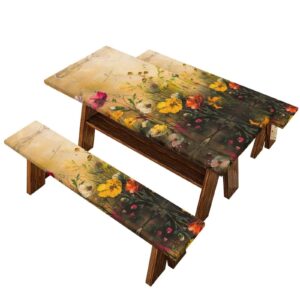 yuresuaet floral paintingh print windproof picnic table cover with bench covers set for for road trip camping gear accessories 30'' x 94'' table cloth 3 in 1