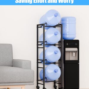 5 Gallon Water Jug Holder, Moveable 4 Tier Heavy Duty Water Rack with 4 Wheels, Rack for Water Jug Storage, Space Saving Water Stand for Four 5 Gallon Water Jugs, Black