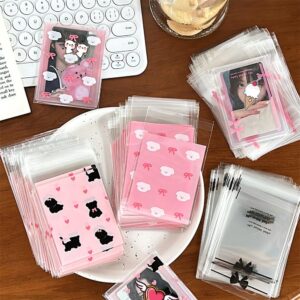 200Pcs Resealable Cellophane Bags Self Adhesive Cookie Bags,Pink Bow Small Candy Bags Treat Bags,Clear Photocard Sleeves,Plastic Bags Gift Bags for Dessert,Party Treats,Bakery,Card Protector Sleeves