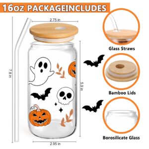 WECACYD Halloween Pumpkin Ghost Skull Cups - 16 oz Pumpkins Fall Cup Mug, Tumbler Glass Cups with Lids Straws, Spooky Cups for Iced Coffee, Goth Spooky Gifts for Her, Halloween Gifts for Women