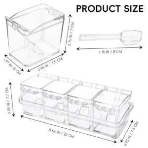 XJMWXHFC Clear Seasoning Box, 4 Pieces Seasoning Rack Spice Pots, Storage Container Condiment Jars Acrylic Seasoning Box with Covers and Spoons for Spice, Sugar, Salt, Sugar, Cardamon, Cinnamon