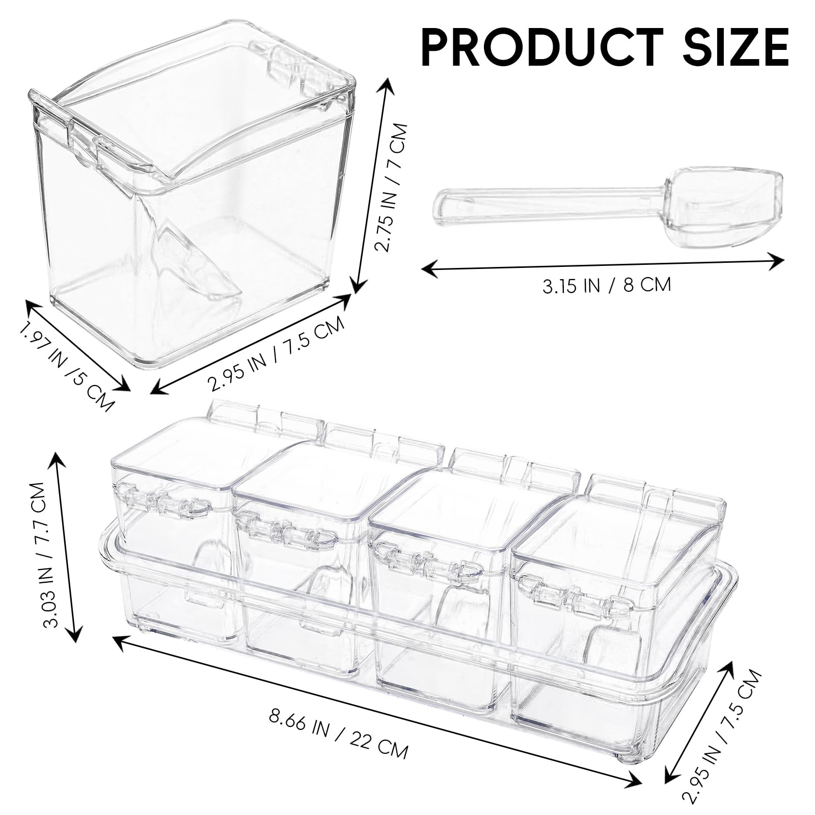 XJMWXHFC Clear Seasoning Box, 4 Pieces Seasoning Rack Spice Pots, Storage Container Condiment Jars Acrylic Seasoning Box with Covers and Spoons for Spice, Sugar, Salt, Sugar, Cardamon, Cinnamon