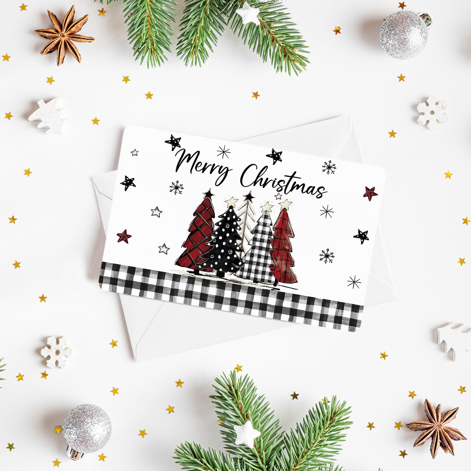 Artoid Mode 24 Pack Merry Christmas Thank You Cards Star Black White Xmas Tree Greeting Cards Gift With Envelope Sticker Blank Note Cards for Birthday Wedding Baby Shower Bridal Shower, 4 x 6 Inch