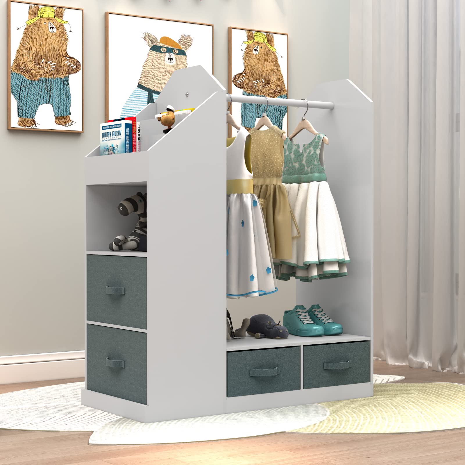 WEMAKMAK Kids Play Armoire with Storage Bins and Closet for Dress Up and Costumes, includes Mirror - White