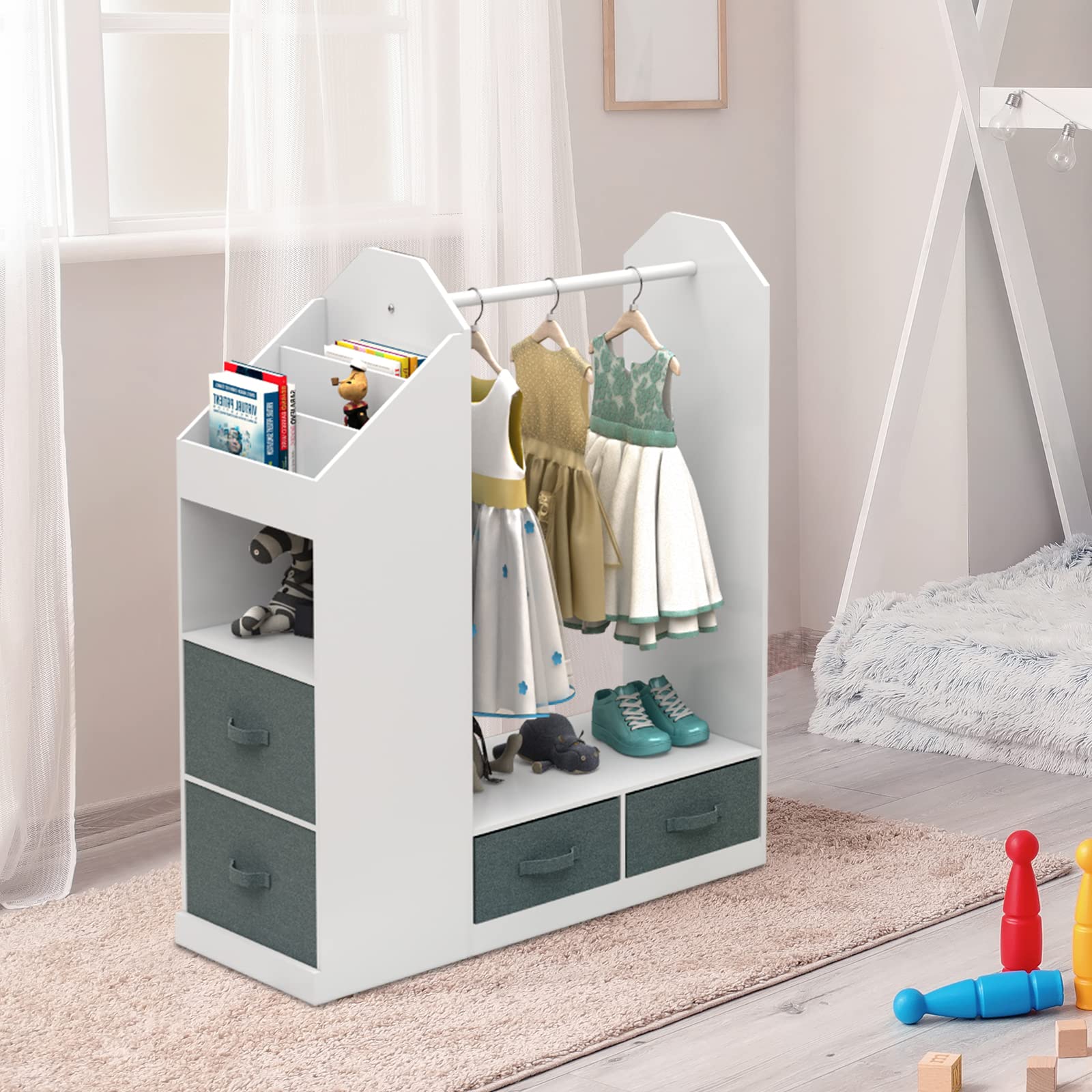 WEMAKMAK Kids Play Armoire with Storage Bins and Closet for Dress Up and Costumes, includes Mirror - White