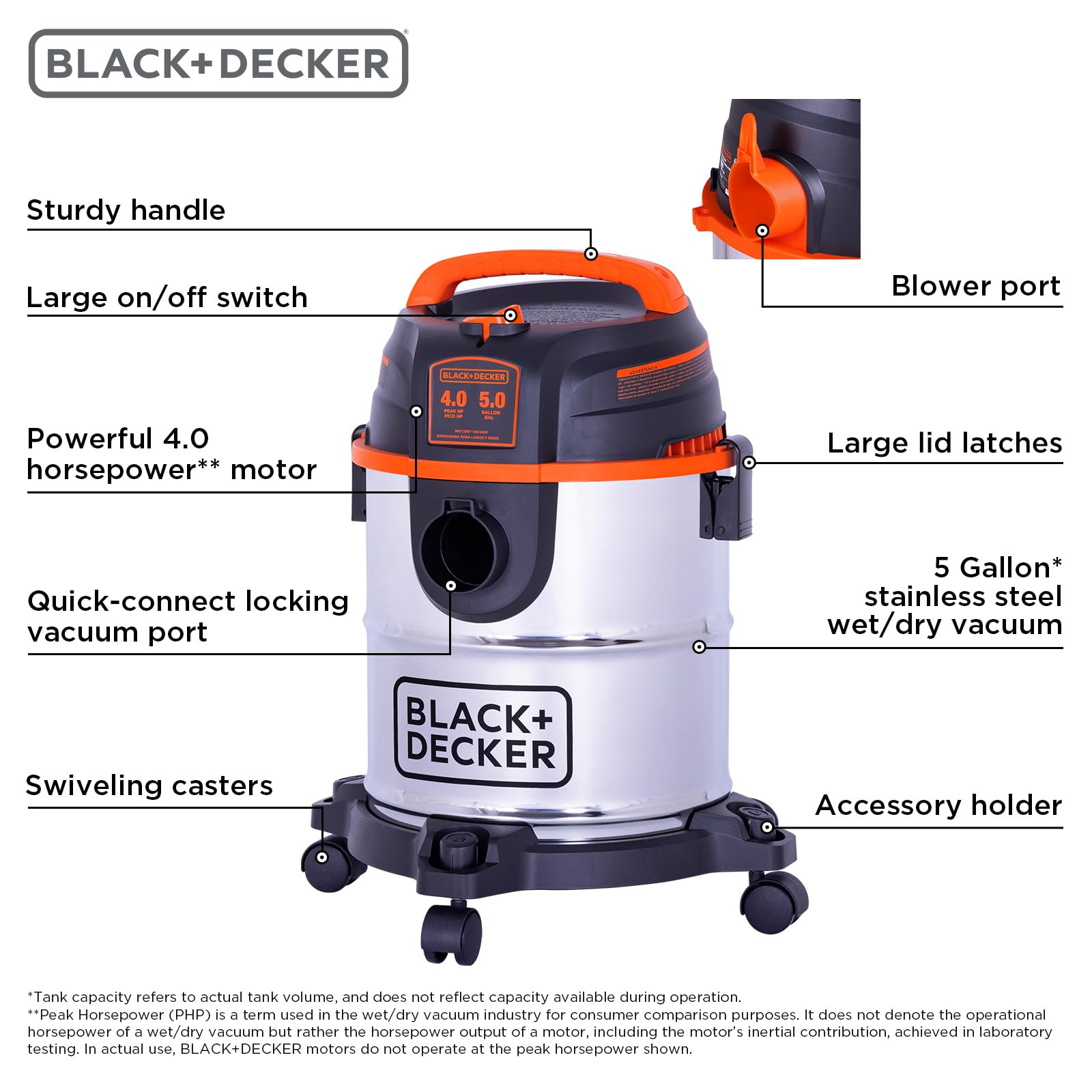 BLACK+DECKER Shop Vacuum Wet and Dry, Stainless Steel Shop Vac with Attachments, Blower Function, 5 Gallon 4.0 Peak HP, 3-in-1, for Home, Car, Workshop and Jobsite, BDXV18143