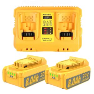 junwood 2pack 8.0ah max lithium replacement for dewalt 20v battery with 20 volt dual port battery charger dcb200 dcb201 dcb204 dcb206 dcb207 dcd/dcf/dcg xr series