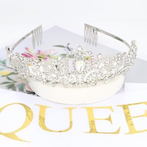 BAHABY Prom Queen Sash and Tiara Set, Silver Crowns for Women & White Sash - Graduation Party School Party Accessories Bachelorette Party Wedding Bridal Shower Halloween Party Favors