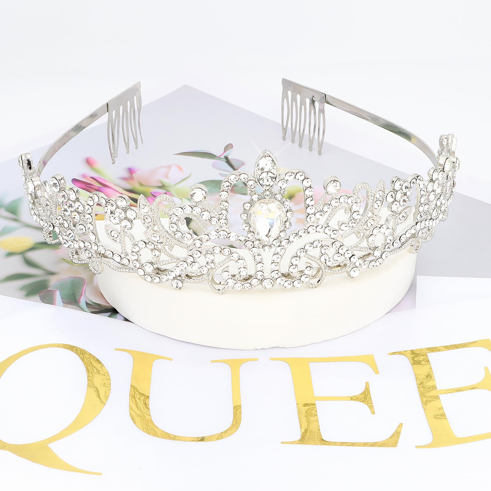 BAHABY Prom Queen Sash and Tiara Set, Silver Crowns for Women & White Sash - Graduation Party School Party Accessories Bachelorette Party Wedding Bridal Shower Halloween Party Favors