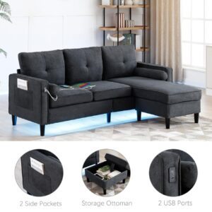 3 in 1 Convertible Sectional Couch with LED Lights & Storage Ottoman, Modern L-Shape Fabric Sofa Bed, Upholstered Chaise Longue with 2 USB Ports, Side Pockets for Living Room, Office (Black)