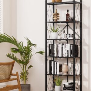 ALANNG 73.6 Inch Folding Bookshelf, 6 Tier Metal Bookcase and Bookshelves, Tall Shelves for Living Room Office Bedroom, Heavy Duty Book Shelve Free Standing Open Bookshelve (Black, 2PACK)