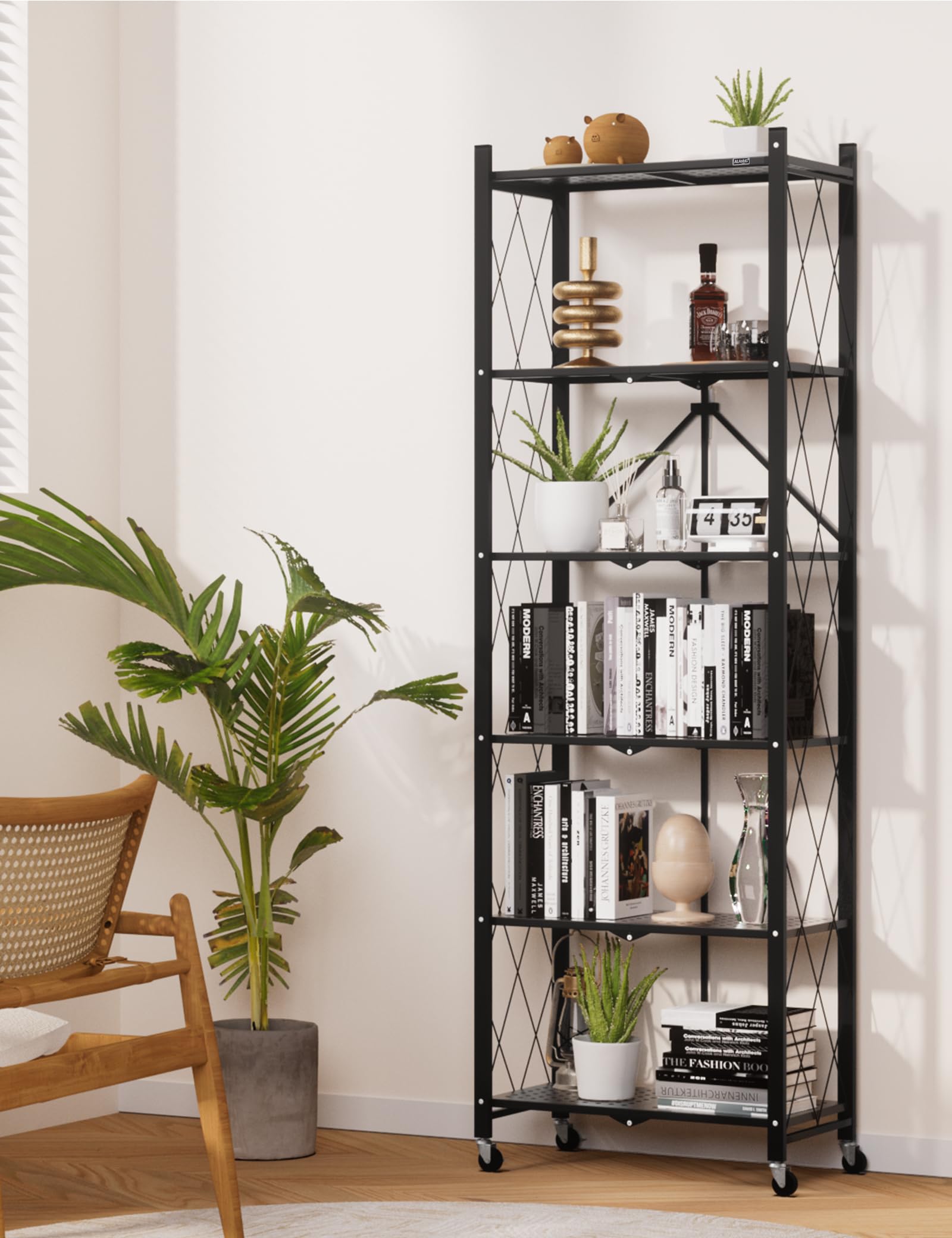 ALANNG 73.6 Inch Folding Bookshelf, 6 Tier Metal Bookcase and Bookshelves, Tall Shelves for Living Room Office Bedroom, Heavy Duty Book Shelve Free Standing Open Bookshelve (Black, 2PACK)