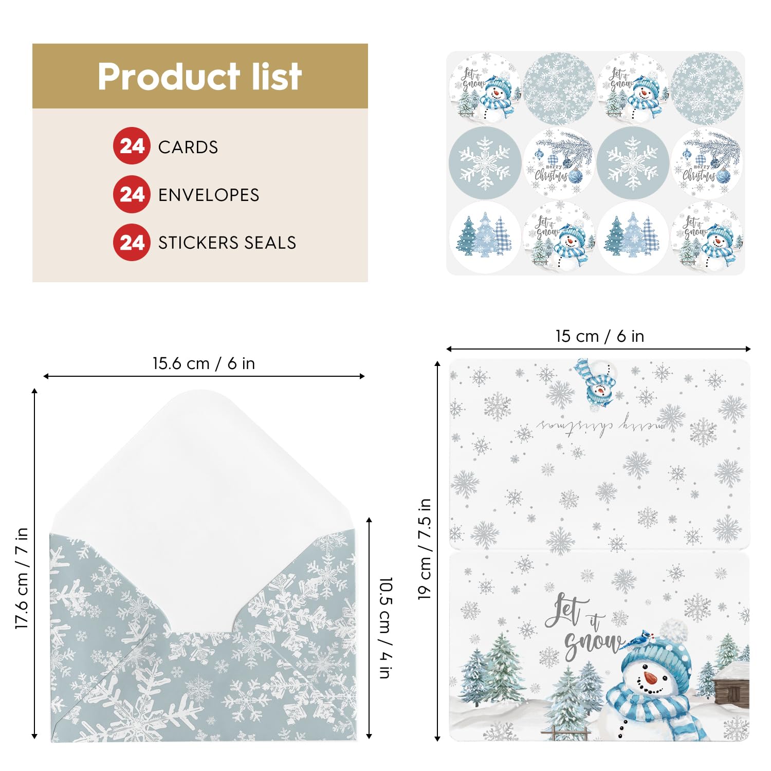 Artoid Mode 24 Pack Let It Snow Thank You Cards Snowflake Snowman Xmas Tree Greeting Cards Gift With Envelope Sticker Blank Note Cards for Birthday Wedding Baby Shower Bridal Shower, 4 x 6 Inch