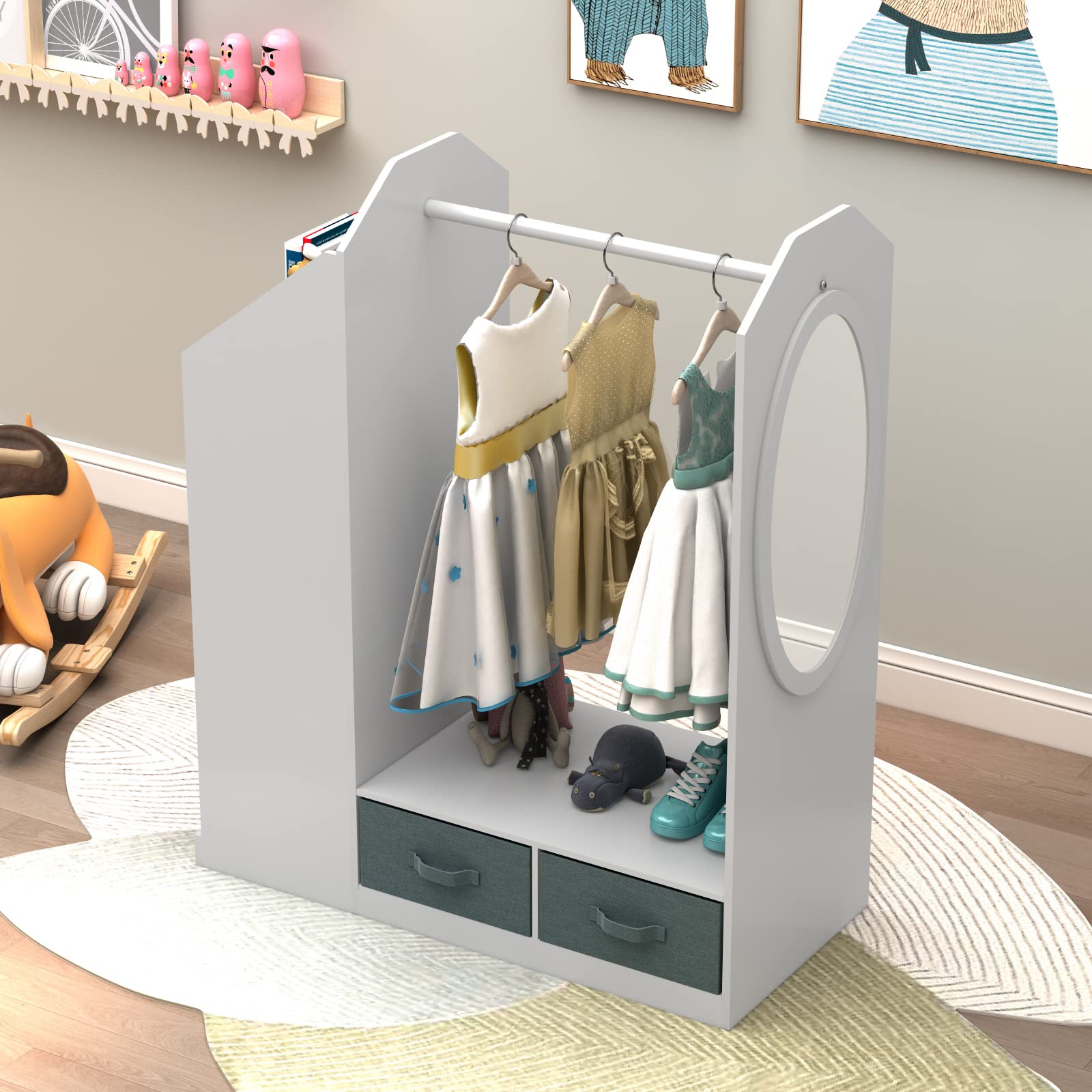 WEMAKMAK Kids Play Armoire with Storage Bins and Closet for Dress Up and Costumes, includes Mirror - White