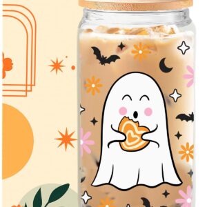 KIKUHE Halloween Ghost Iced Coffee Glass Cups, 16oz Cute Floral Ghost Glass Cups with Lids and Straws, Halloween Gifts, Cute Spooky Gifts for Her, Spooky Halloween Tumbler Mug for Women Girls Kids