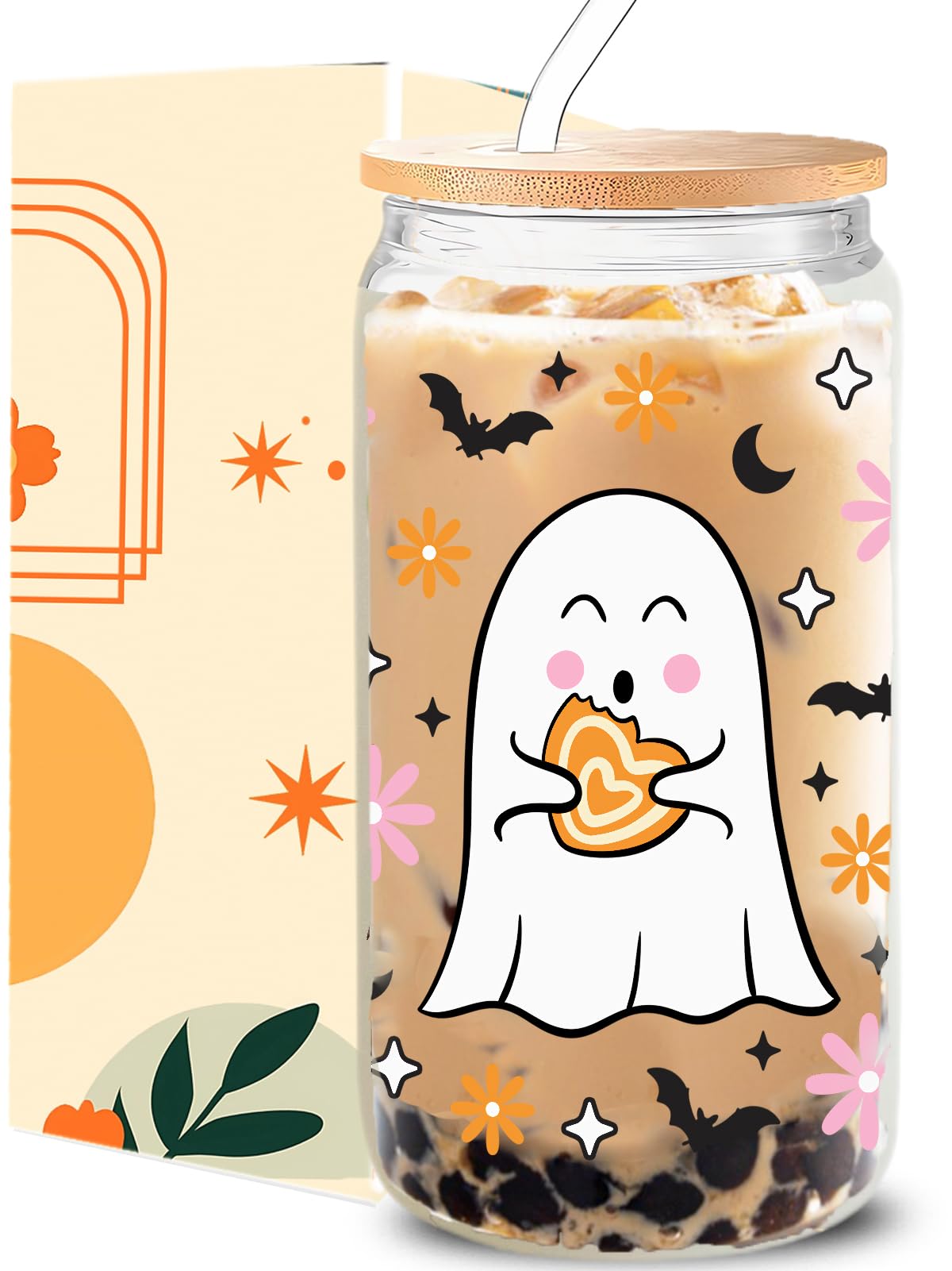 KIKUHE Halloween Ghost Iced Coffee Glass Cups, 16oz Cute Floral Ghost Glass Cups with Lids and Straws, Halloween Gifts, Cute Spooky Gifts for Her, Spooky Halloween Tumbler Mug for Women Girls Kids