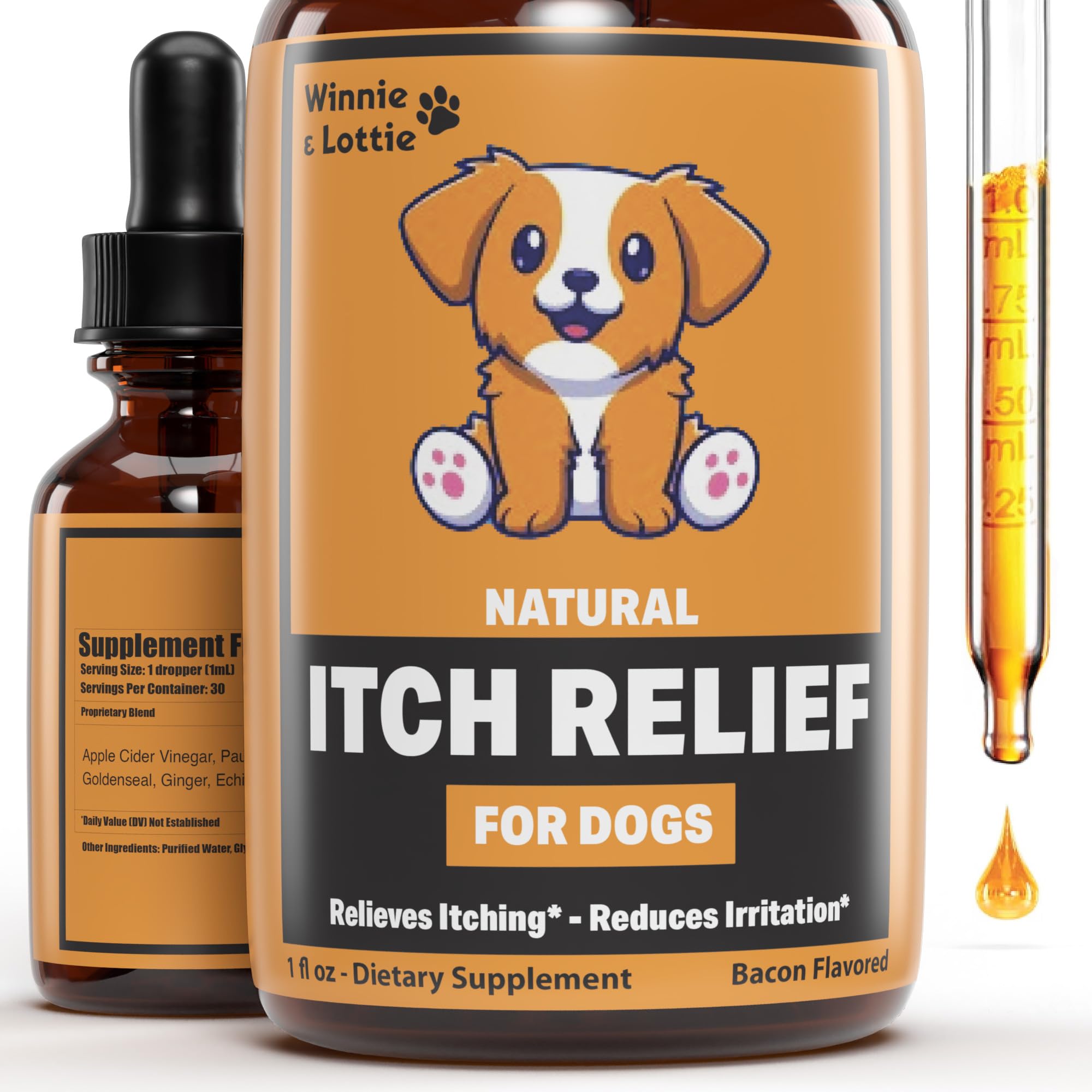 Natural Itch Relief for Dogs | Dog Itch Relief | Helps to Naturally Reduce Itching, Scratching, & More | Allergy Relief for Dogs Itching | Yeast Infection Treatment for Dogs | 1 fl oz | Bacon Flavor